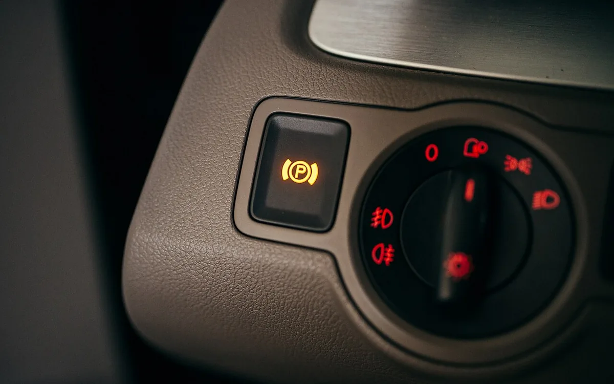Car dashboard brake warning light and brake pedal close-up